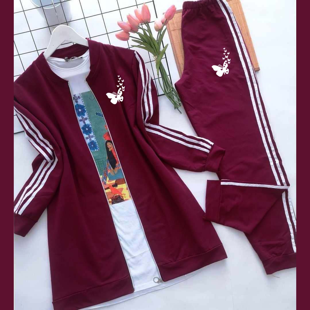 Butterfly Printed 3-Stripe Style Winter 2-Pcs Tracksuit For Her. D-11