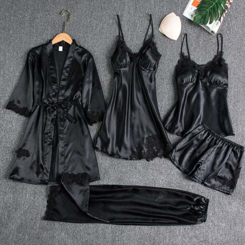 Imported Lace Style Complete 5-Pcs Silk Nightsuit.