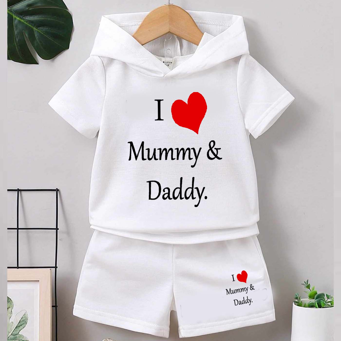 I Love D+M Kids Hooded Style 2-Pcs Summer Suit. (HOTS+SH)