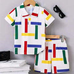 Multi-Colour Lining Style 3D 2-Pcs Summer Suit For Kids D1.