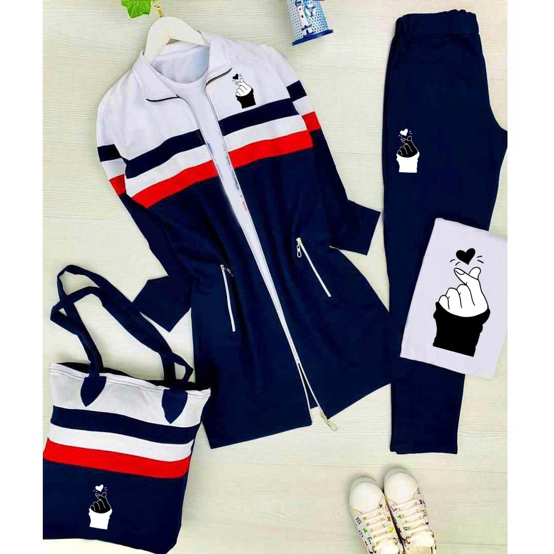 Chutki Printed 4-Pcs Stripe Style Long Winter Tracksuit For Her.