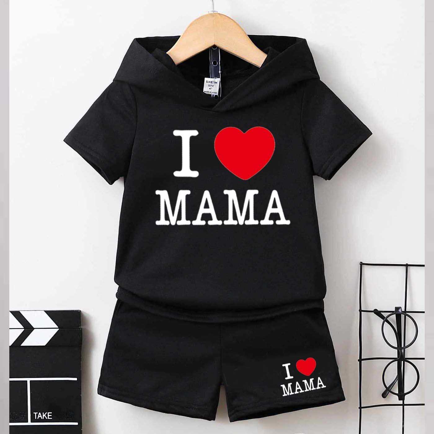 I Love MAMA Kids Hooded Style 2-Pcs Summer Suit. (HOTS+SH)