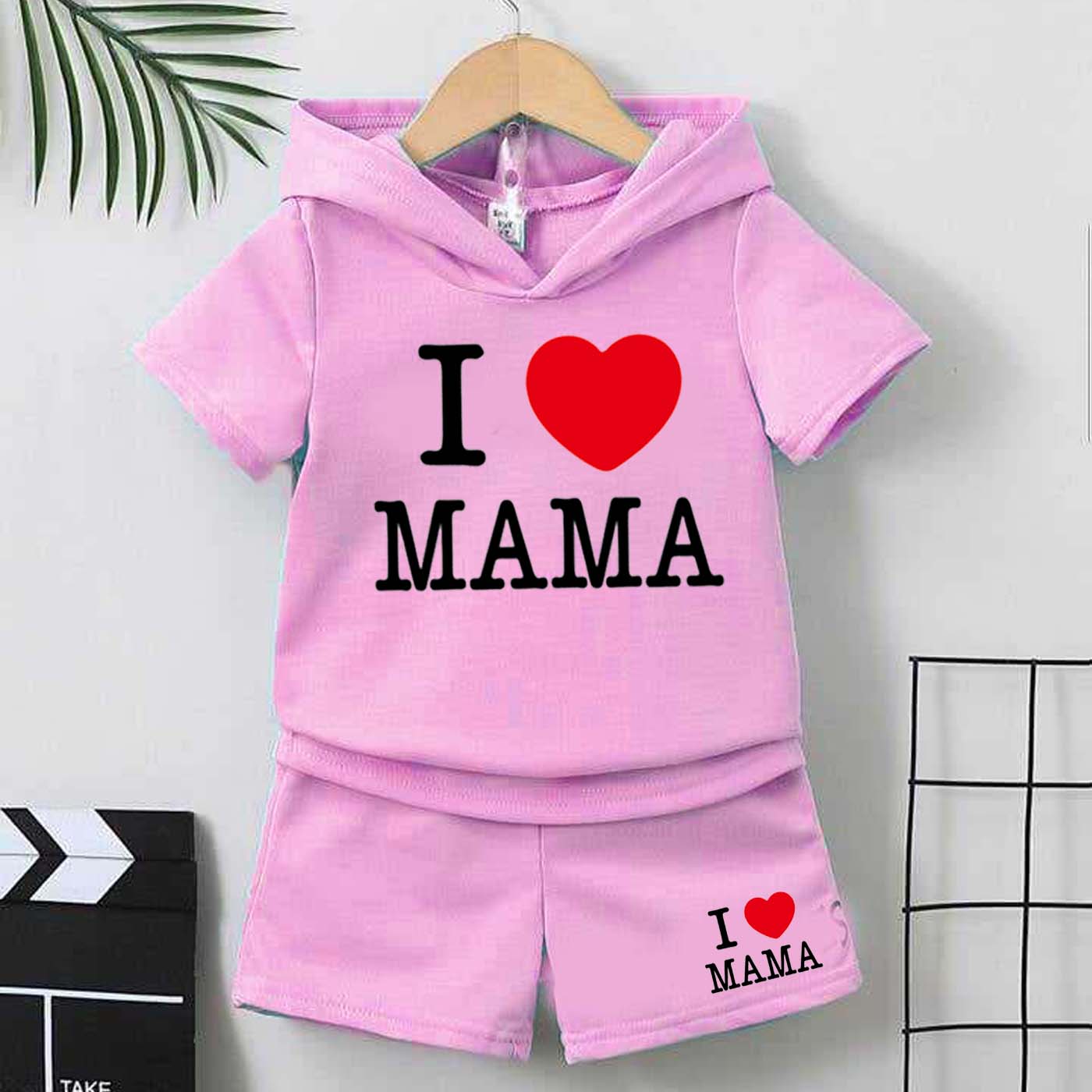 I Love MAMA Kids Hooded Style 2-Pcs Summer Suit. (HOTS+SH)