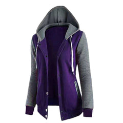 Contrast Sleeves Button Style Winter Hoodie For Her.