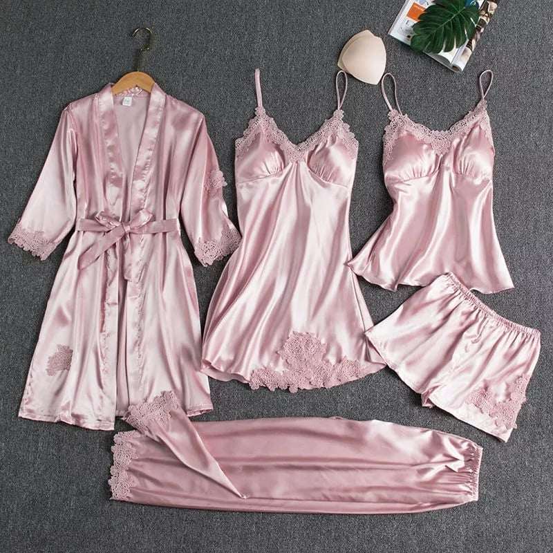 Imported Lace Style Complete 5-Pcs Silk Nightsuit.