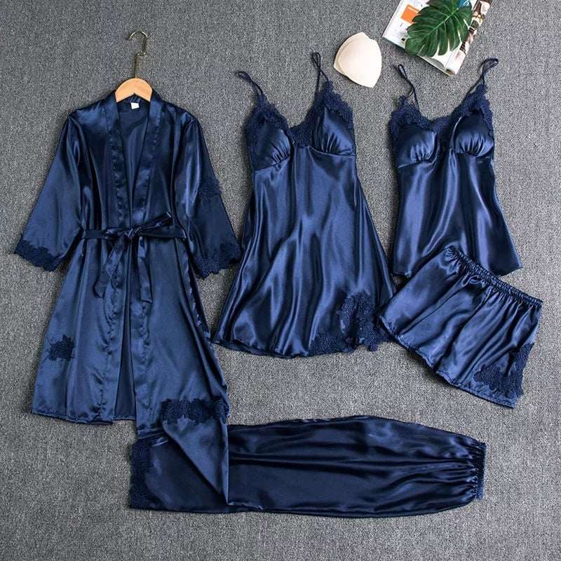 Imported Lace Style Complete 5-Pcs Silk Nightsuit.