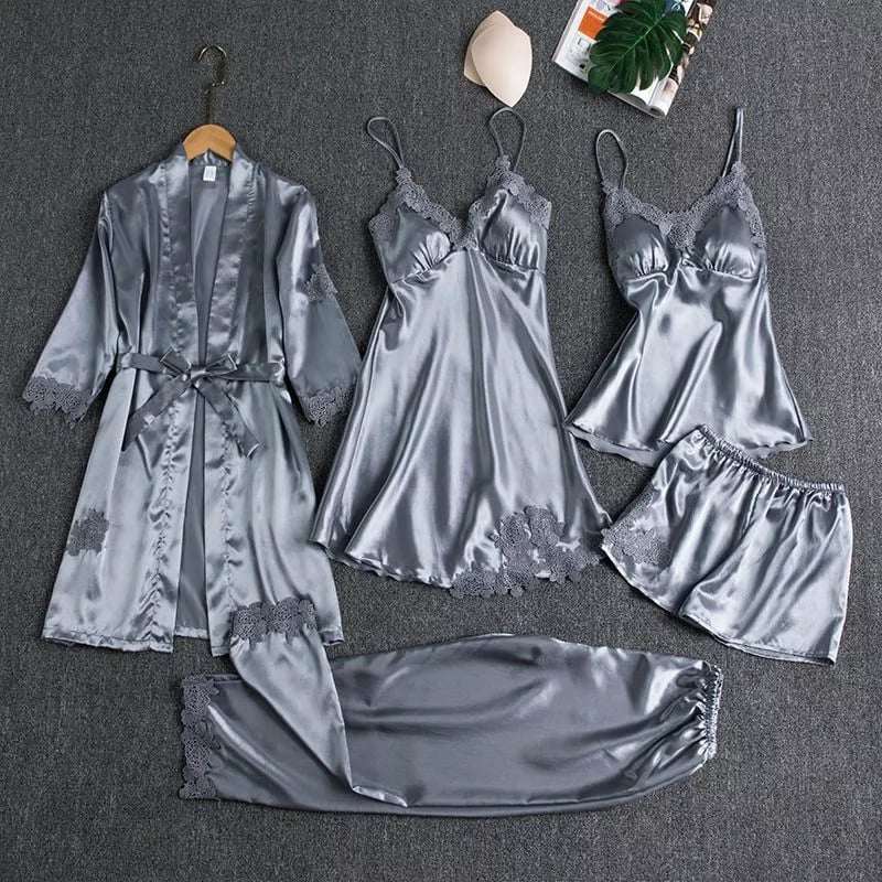 Imported Lace Style Complete 5-Pcs Silk Nightsuit.