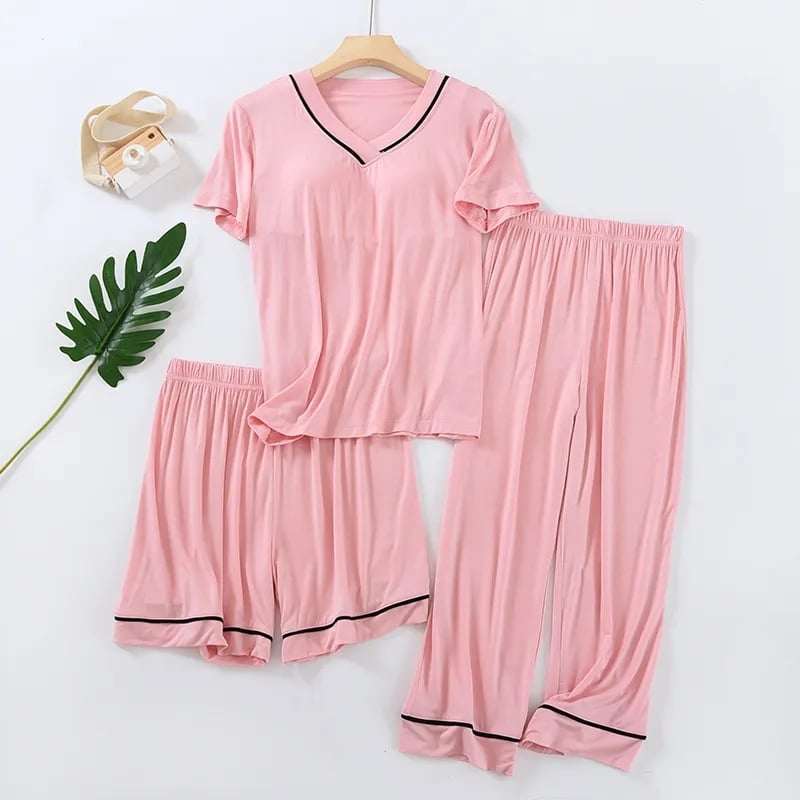 Tipping V-Neck 3-Pcs Summer Launge & Night Wear Suit.