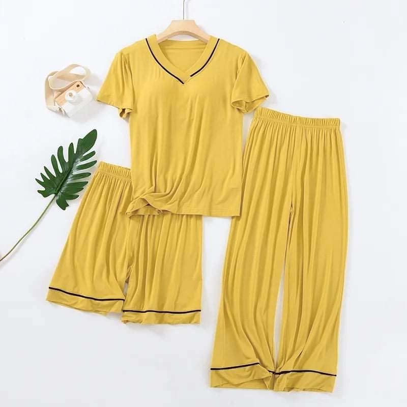 Tipping V-Neck 3-Pcs Summer Launge & Night Wear Suit.