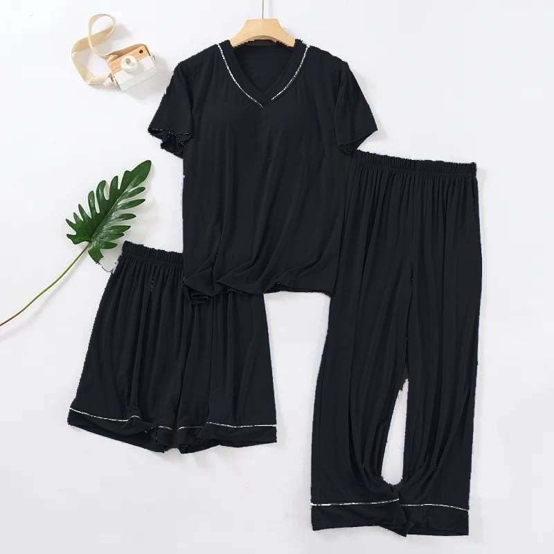 Tipping V-Neck 3-Pcs Summer Launge & Night Wear Suit.