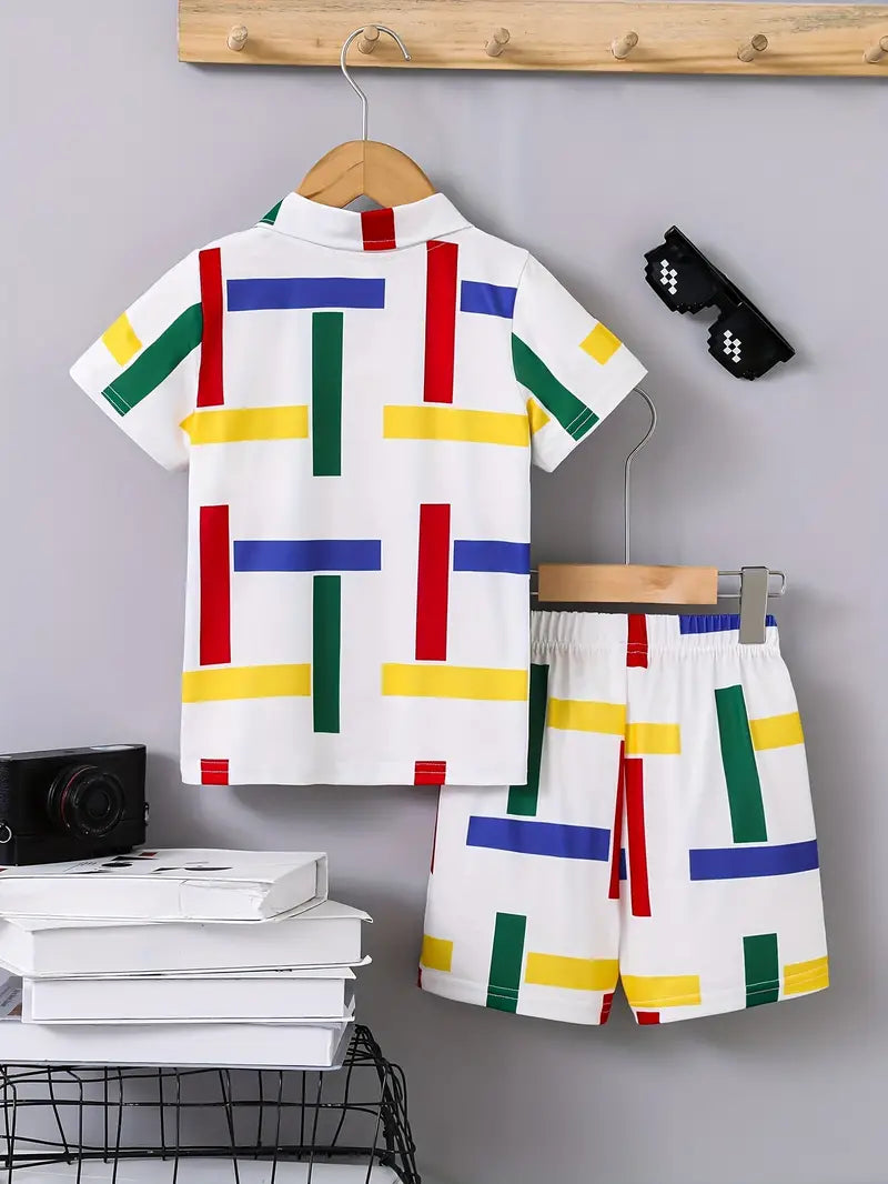 Multi-Colour Lining Style 3D 2-Pcs Summer Suit For Kids D1.