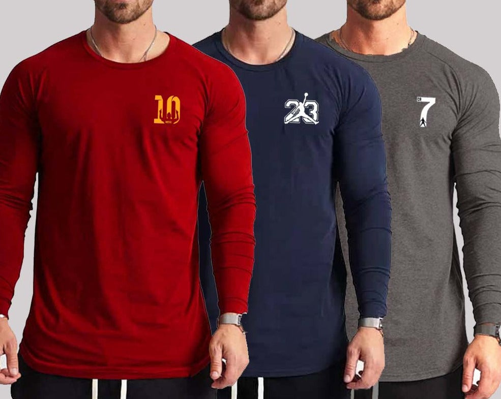 Bundle Of 3 O-Neck Full-Sleeve Round-Hem PL-Printed Summer Tshirt's.