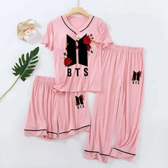 BTS Tipping V-Neck 3-Pcs Summer Launge & Night Wear Suit.