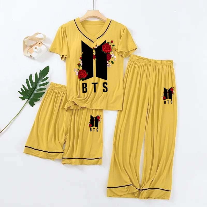 BTS Tipping V-Neck 3-Pcs Summer Launge & Night Wear Suit.