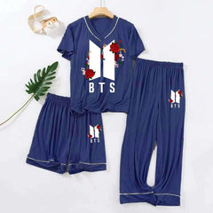 BTS Tipping V-Neck 3-Pcs Summer Launge & Night Wear Suit.