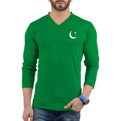 Green V-Neck F-Sleeve Flag Logo Printed 14-August Tshirt.