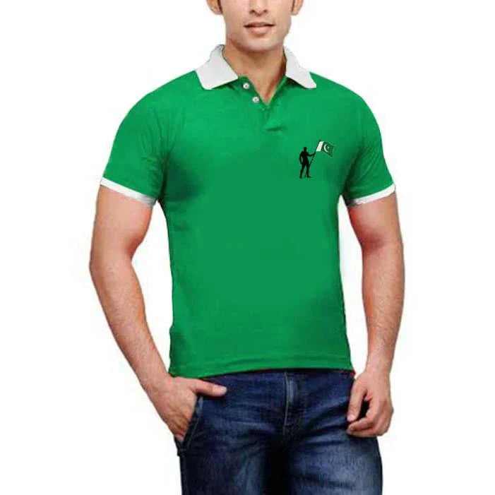 Green Contrast Collar Man-Holding Logo Printed 14-August Polo-Tshirt.